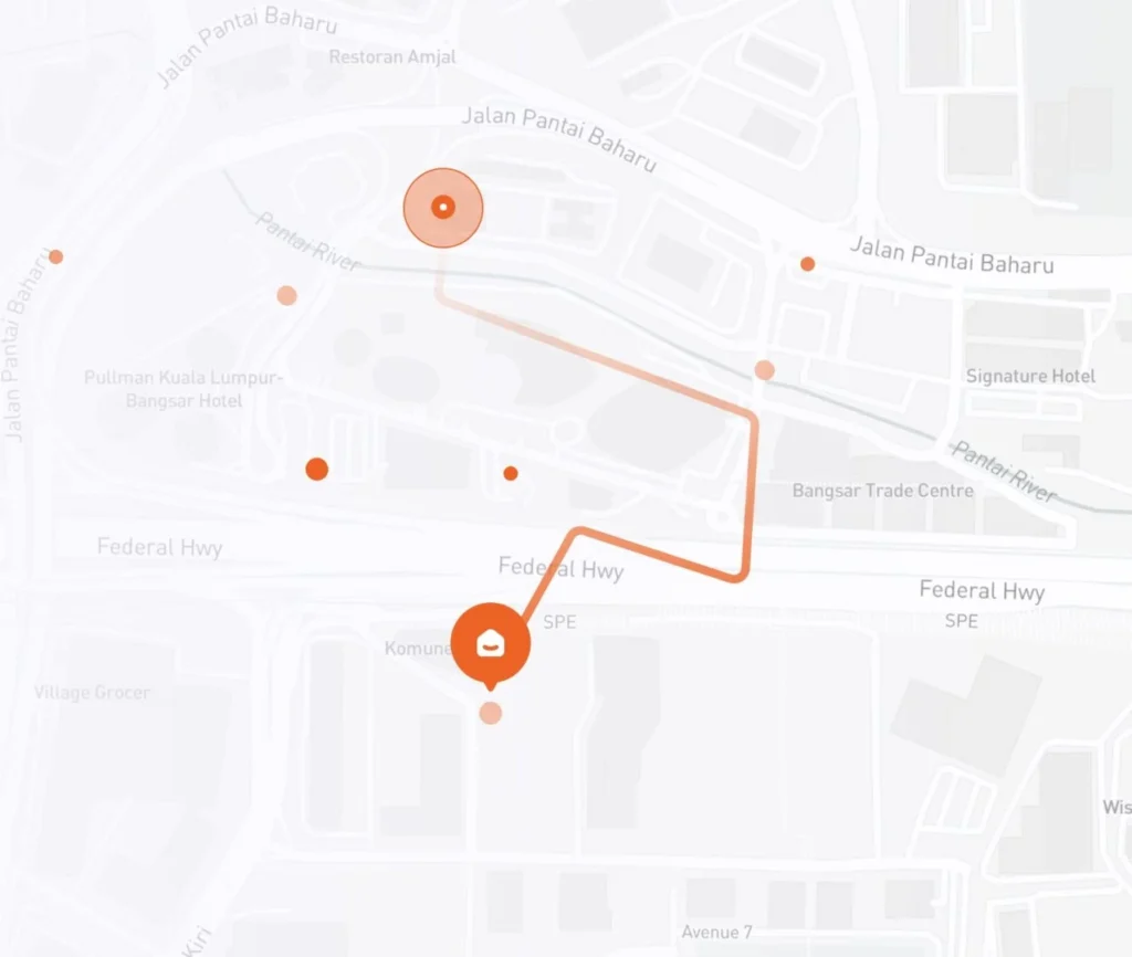Map showing route through city with highlighted locations.