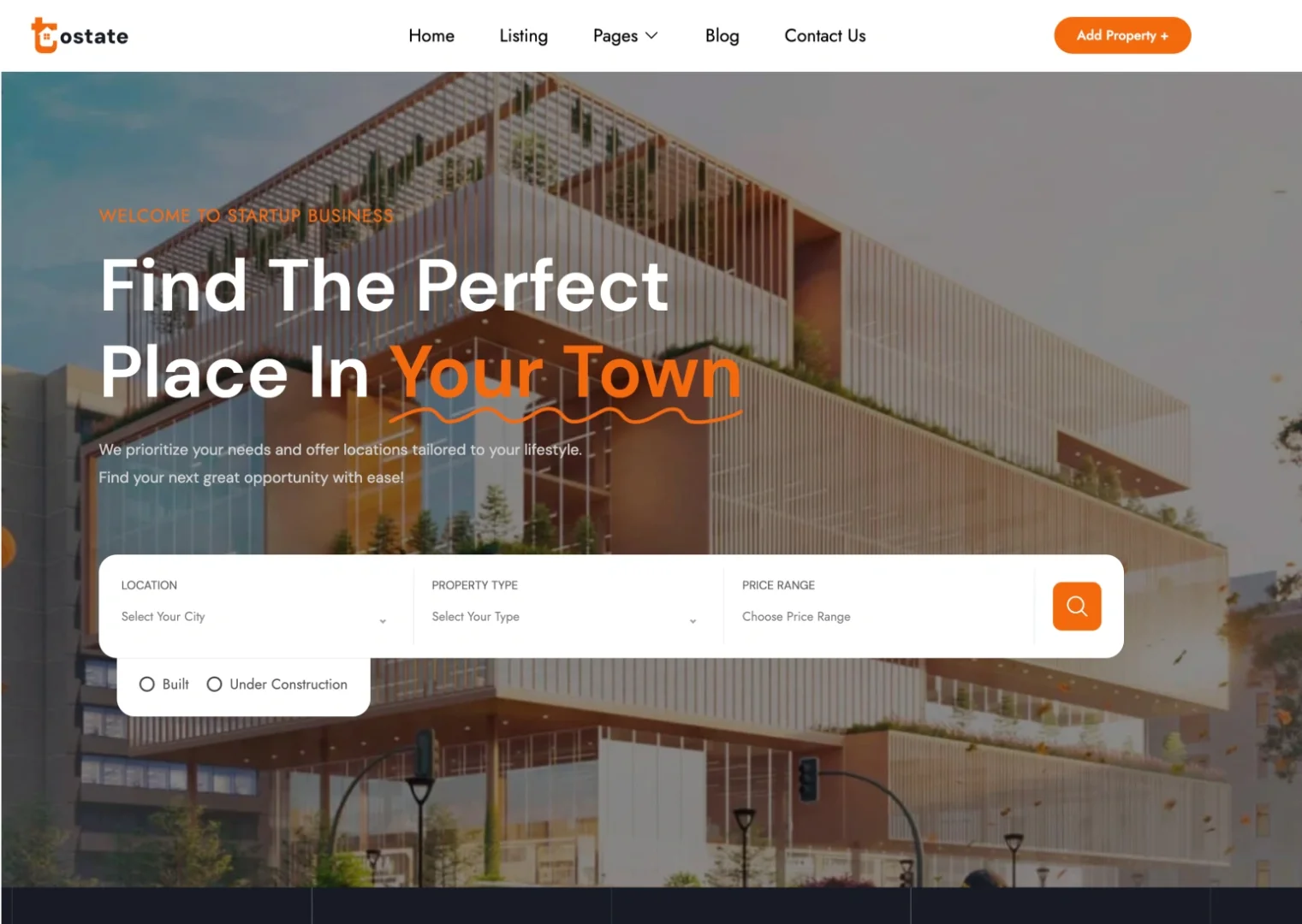 Modern building with search options for properties in your town.