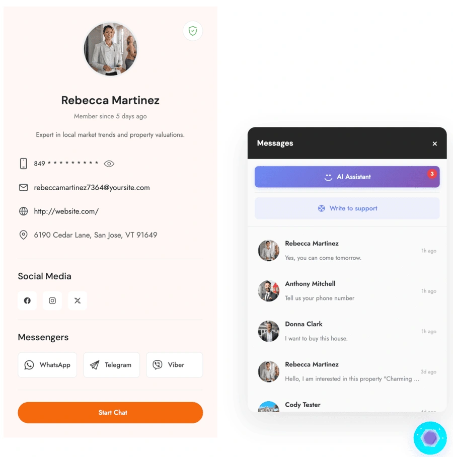 Profile card and chat interface for real estate expert Rebecca Martinez.