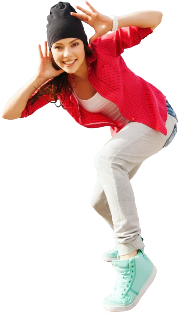 Energetic hip-hop dancer in casual outfit striking a pose