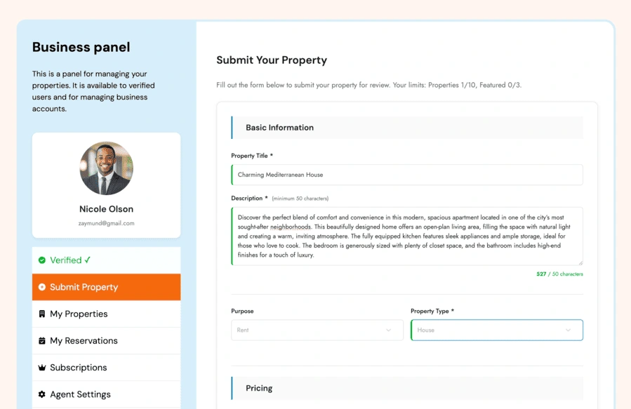 Business panel interface for property submission.