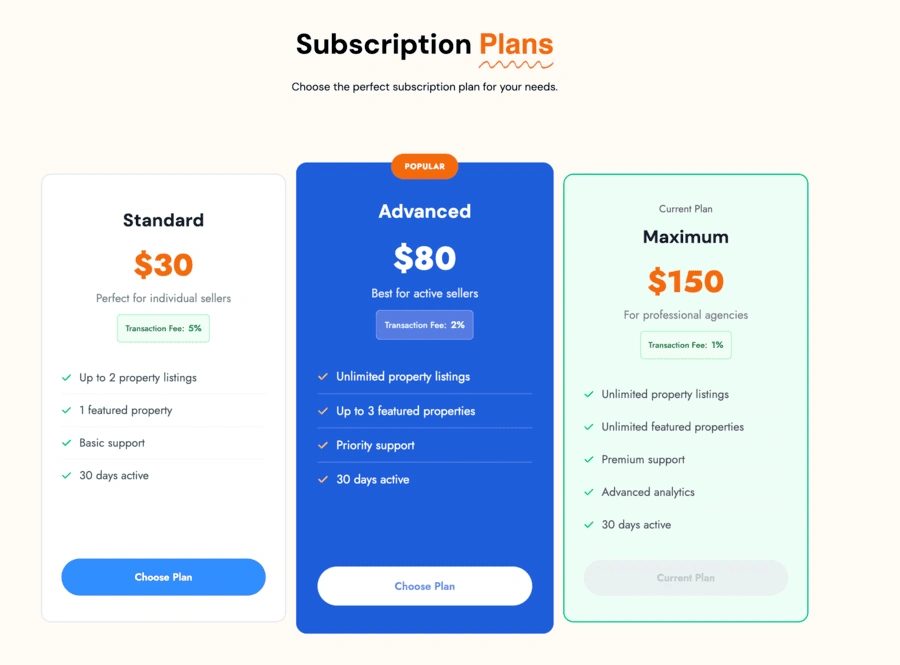 Comparison of subscription plans: Standard, Advanced, and Maximum.