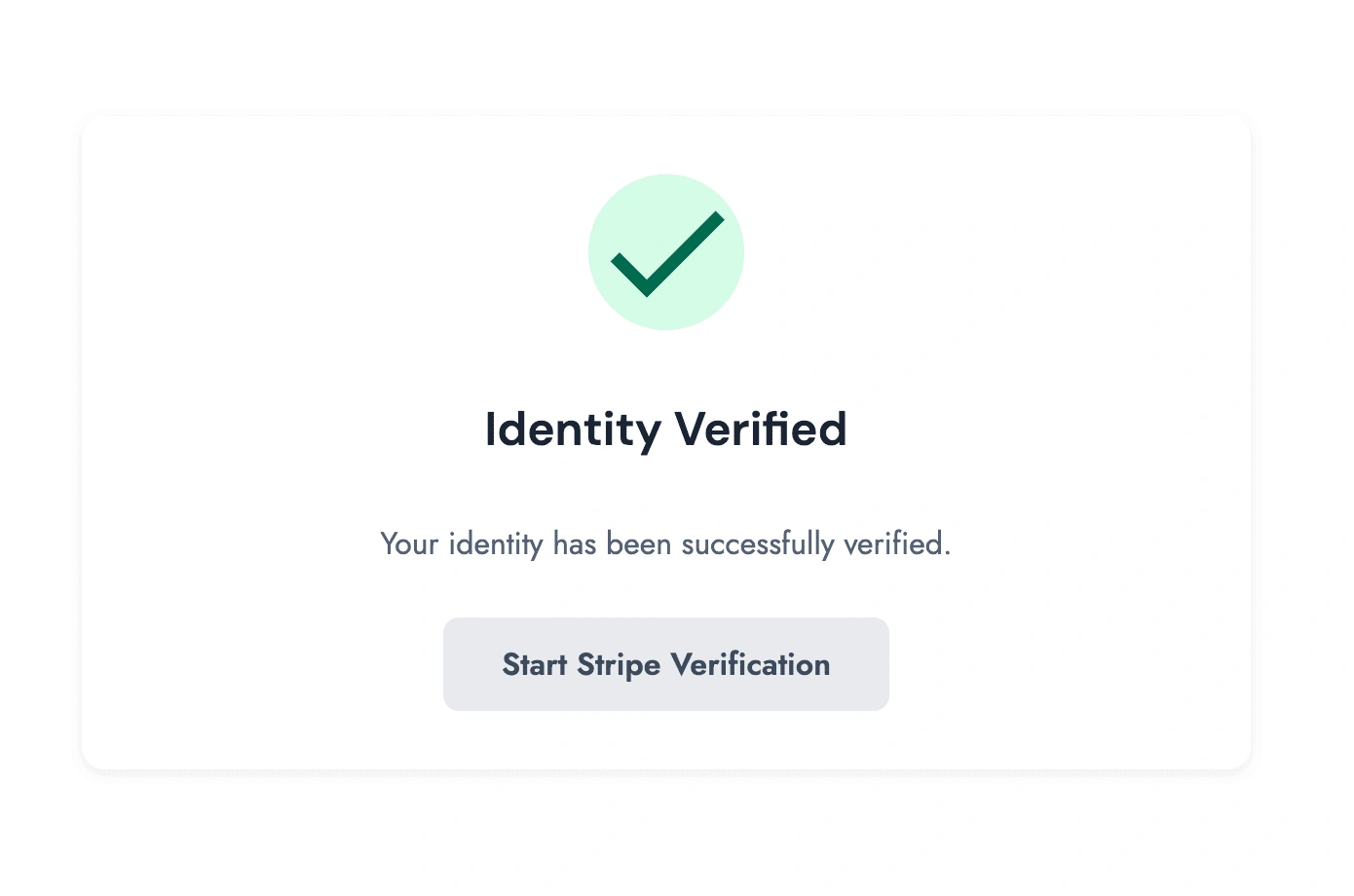 Identity verified confirmation screen with a checkmark.